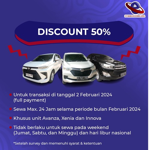 Promo 2.2 Diskon 50% PT Eksis Indonesia Jaya, Sewa Mobil Makin Murah!